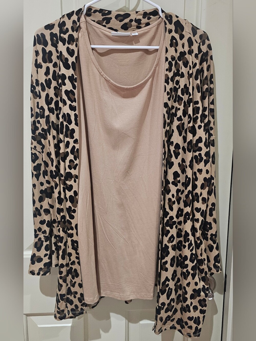 Beige Leopard Print Open Cardigan with Solid Tank Women Size 2X